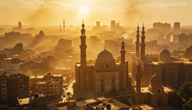Golden sunset over historic mosque complex and dense urban cairo skyline at dusk