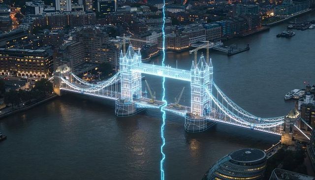 Neon-Outlined Tower Bridge over Thames at Twilight Emitting Vertical Cyan Energy Beam
