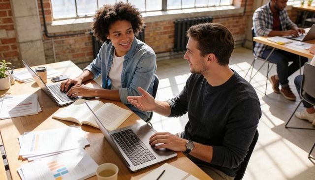 Young Professionals Collaborating at Sunlit Industrial Coworking Table with Laptops