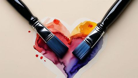 Paintbrushes Blending Colors in Watercolor Heart Artwork