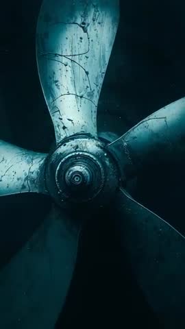 Rusted Ship Propeller Rotating Slowly Underwater While Motor Starts, Corroded Hub Close-Up