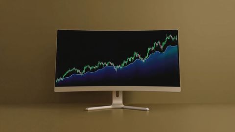 Curved monitor displaying rising online trading financial chart