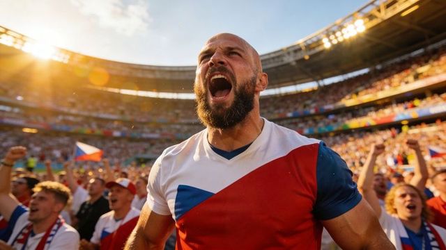 Shouting czech football fan wearing red white blue jersey celebrating in stadium