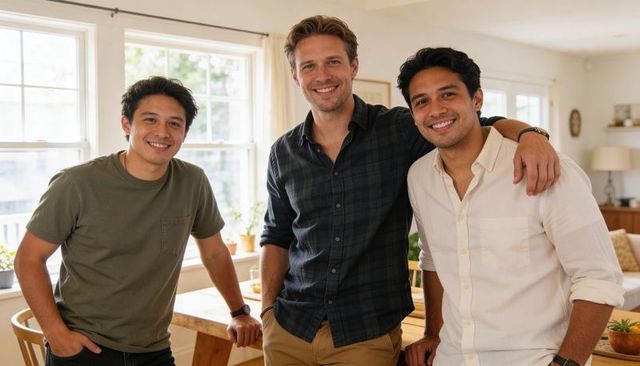 Three men smiling and leaning in sunlit minimalist dining room