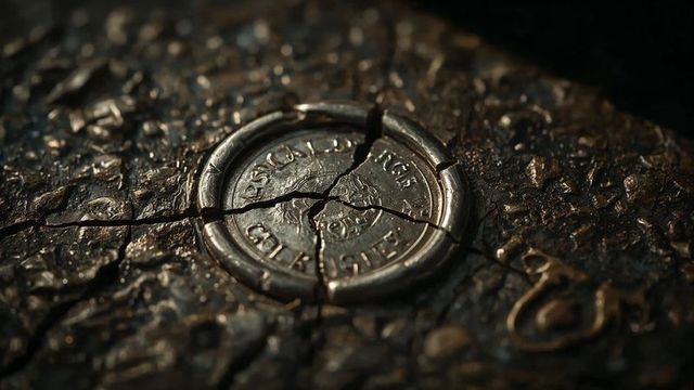 Cracked vintage metal seal with brass hook on leather surface