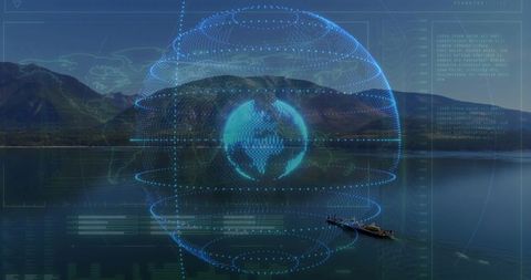 Holographic Globe Display Over Alpine Lake with Rowing Tourists
