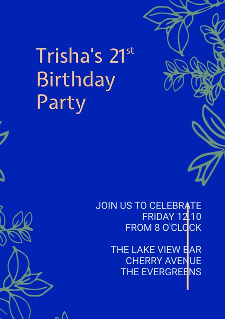 This elegant blue floral invitation template is ideal for creating invites for 21st birthday celebrations and other formal events. The sophisticated design features ornate floral patterns and a bold blue background, providing a stylish and classy aesthetic. Perfect for setting the tone for upscale parties, this template can be used for both digital and printed invitations. Editable fields allow customization of names, dates, and venue details, ensuring a personalized touch for every event.