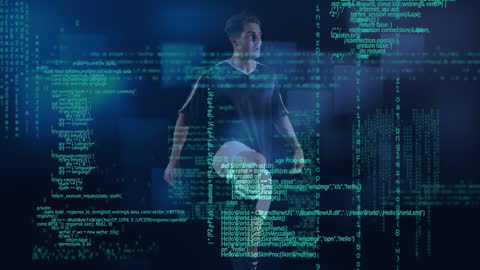 Caucasian male soccer player kicking ball with layers of digital and coding data overlay. This engaging blend of sports and technology captures dynamic action intertwined with data analytics, representing evolution in sports analysis and technology use in soccer. Perfect for illustrating concepts in sports tech, digital transformation, or data visualization combined with athletics.