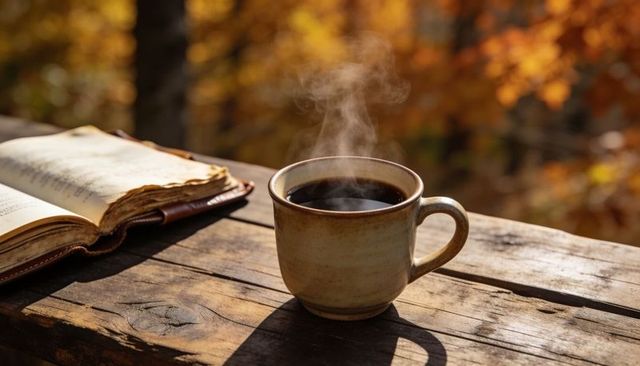 Steaming ceramic mug sitting on worn wooden table beside open book, autumn sunlight bokeh