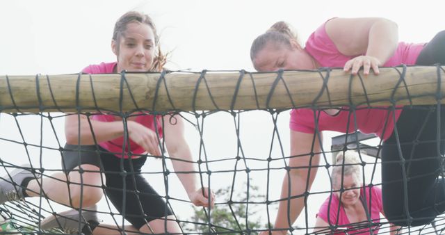 Women Participating in Tough Mudder Event, Climbing Over Rope Obstacles - Download Free Stock Images Pikwizard.com