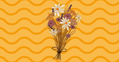 Colorful wildflower bouquet on wavy yellow background
