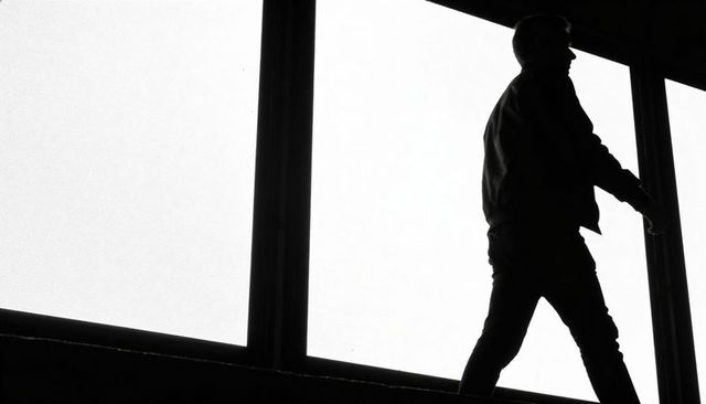 Striding silhouette man walking along backlit atrium windows with high-contrast minimalism