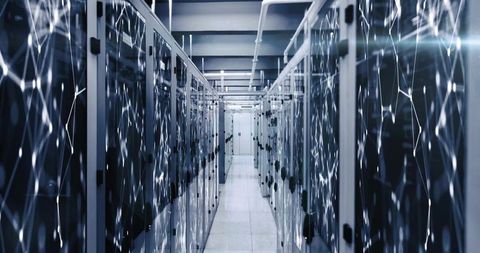 Modern data center aisle with glass-door server racks