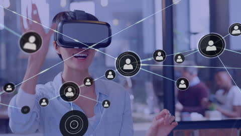 Businesswoman Using VR Headset with Virtual Network Interface