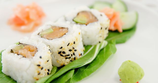 Close-up of Fresh Sushi Rolls on Leaf Garnish - Download Free Stock Images Pikwizard.com