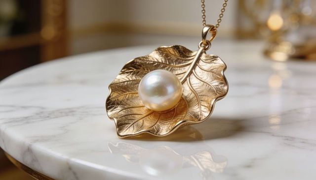 Gold leaf pendant with lustrous white pearl resting on marble tabletop reflection