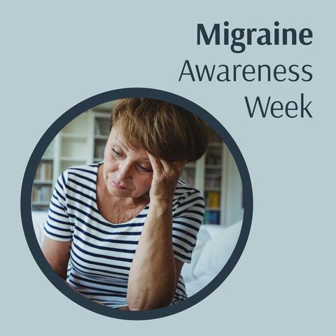 A middle-aged Caucasian woman holds her head, appearing distressed, to symbolize the effects of migraine for this awareness campaign. Useful for raising awareness on social media, medical blogs, or migraine support websites. Can be used by healthcare organizations promoting migraine understanding and treatments.