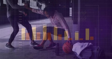 Coach supporting trainee on industrial basketball court with data futuristic overlay