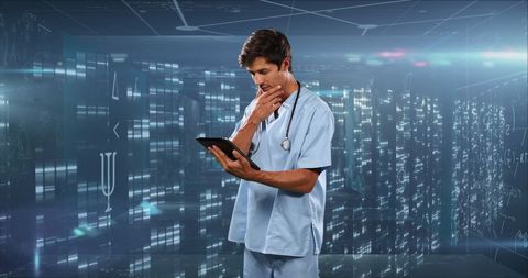 Digital Healthcare: Doctor Analyzing Medical Data on Tablet