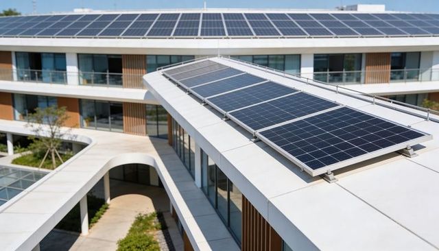 Rooftop Solar Panels on Modern Courtyard Building | Sustainable Architecture Energy