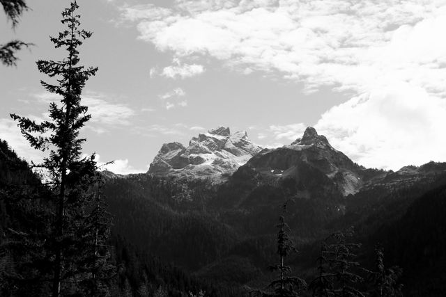 Dramatic black and white mountain landscape with snow-capped peaks and surrounding forest. Perfect for use in travel brochures, adventure blog posts, nature print designs, and inspirational posters.