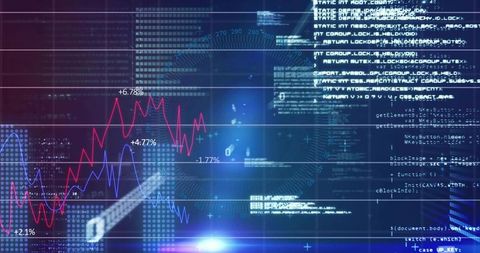Displaying virtual financial dashboard with neon HUD overlays, code stream and analytics