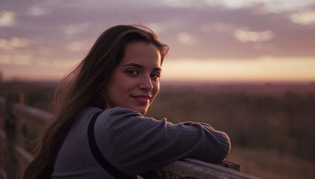 Leaning young woman enjoying golden hour sunset over countryside horizon