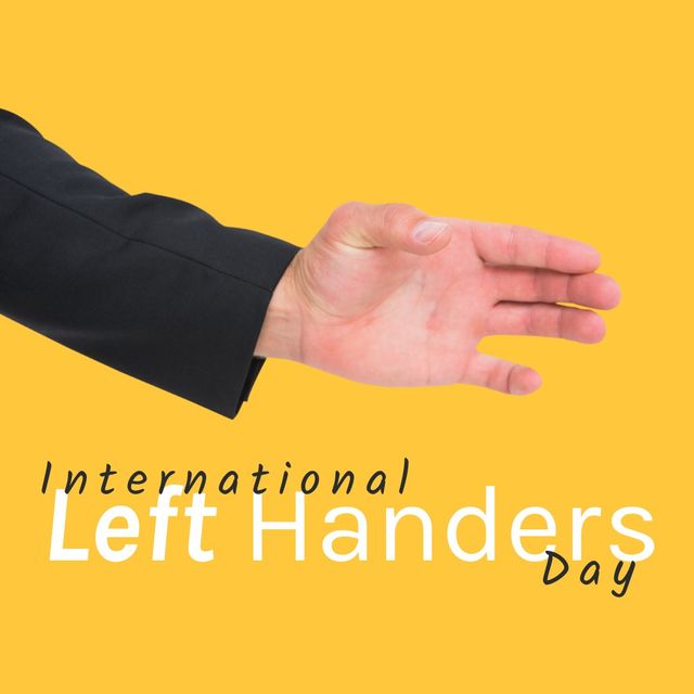 Digital composite image of cropped caucasian man's hand with international left handers day text. Copy space, yellow background, celebrate uniqueness and differences of left-handed individuals.