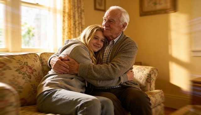 Senior grandfather embracing teenage granddaughter on floral sofa in sunlit living room
