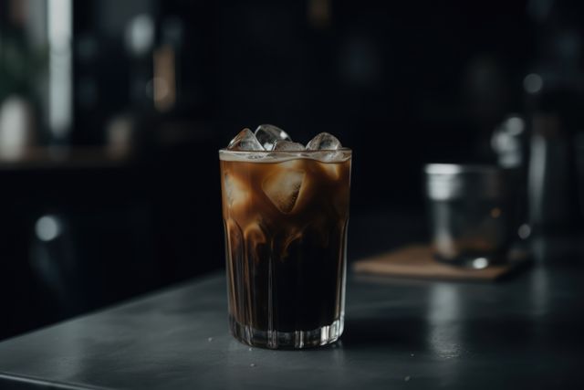 Glass of iced black coffee on dark background, created using generative ai technology. Coffee, summer, cafe, drinks and refreshments concept digitally generated image.