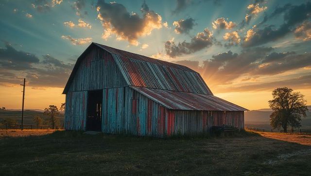 Rustic Wooden Barn on Grass Hill during Sunset
