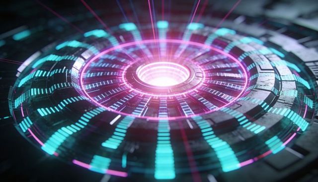 Pulsing Neon Reactor Core Emitting Magenta Energy Beams with Cyan Holographic Data Rings