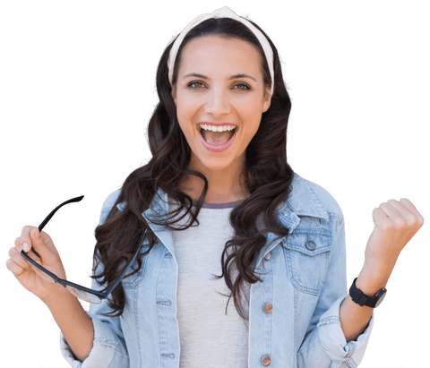 Smiling biracial woman celebrating holding glasses on transparent background