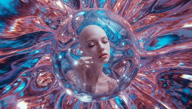 Surreal floating head in sphere with abstract background