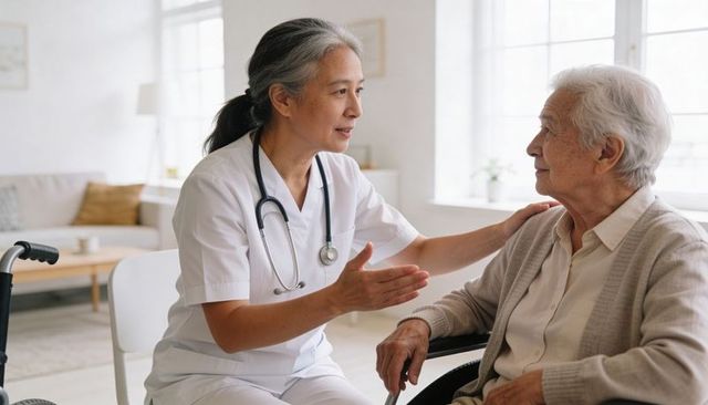 Nurse comforting elderly woman in wheelchair during home care visit providing companionship