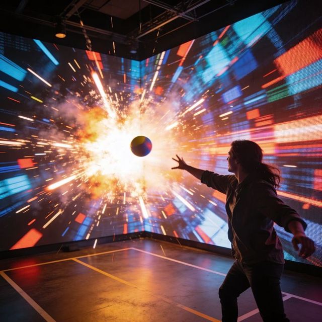 Man in hoodie reaching toward exploding led wall with floating ball in immersive neon gallery