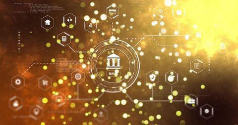 Glowing digital bank network hud with hexagon finance icons and data flow ui