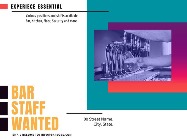 Effective for promoting bar staff recruitment. Useful for bars, restaurants, and hospitality industry job advertising. Can also serve in training materials for bartending and beverage service.