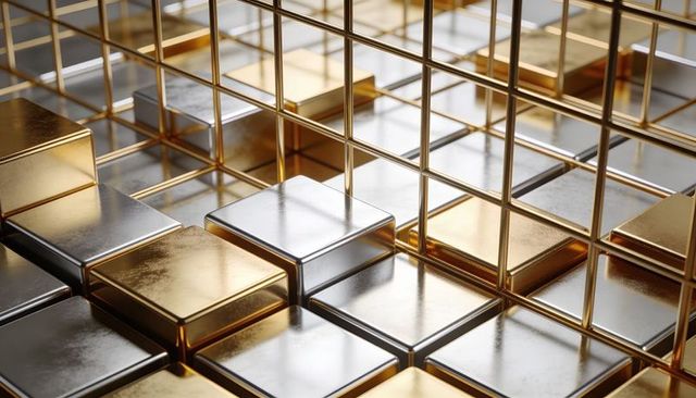 Gleaming gold and silver cubes reflecting in geometric grid for luxury abstract background