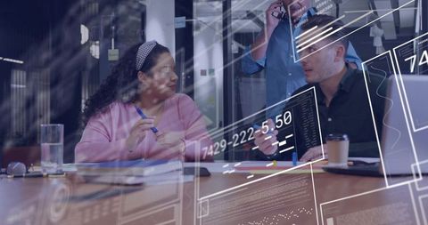 Diverse team collaborating around conference table with holographic data visualizations
