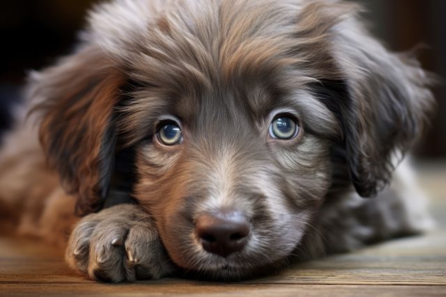 Portrait of cute grey puppy with blue eyes lying on wood, created using generative ai technology. Dogs, domestic animals and pets concept digitally generated image.
