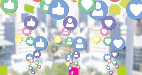 Vibrant social media icons over cityscape