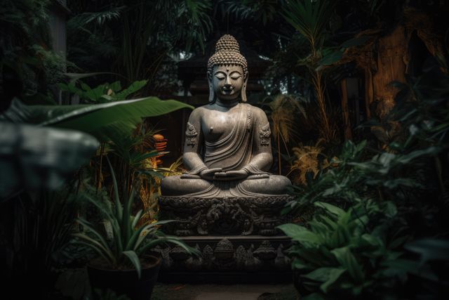 Buddha statue sits peacefully amidst lush greenery and tropical plants in a nighttime setting. Ideal for use in projects related to spirituality, meditation, zen, nature, and tranquility. Suitable for websites, magazines, or advertisements designed to promote relaxation, mindfulness, or holistic living.