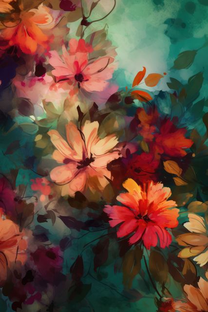 This artwork features a vibrant array of watercolor flowers in bold, saturated colors. With a blend of rich reds, oranges, and greens, set against a teal background, this piece exudes energy and creativity. Ideal for use in artistic prints, home decor, greeting cards, wall art, posters, and creative projects requiring a touch of nature and color.