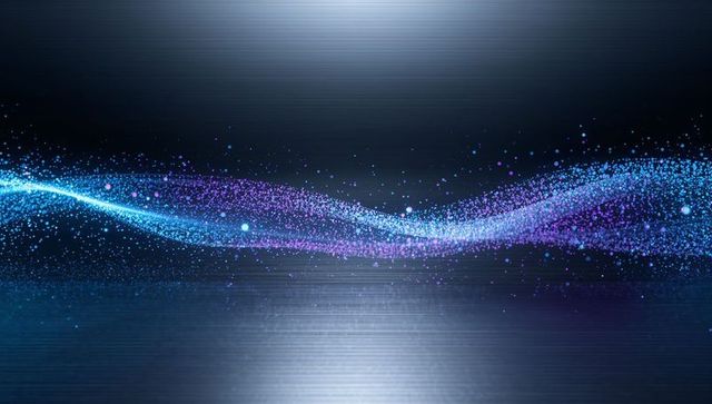 Luminescent particle wave flowing across dark metallic surface cyan blue magenta glow