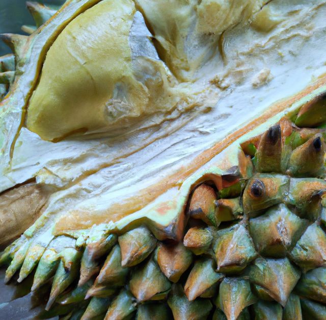 Close-up image of a freshly opened durian revealing its creamy yellow flesh and spiky shell exterior. Ideal for illustrating articles about exotic fruits, culinary adventures, or nutritious tropical foods.
