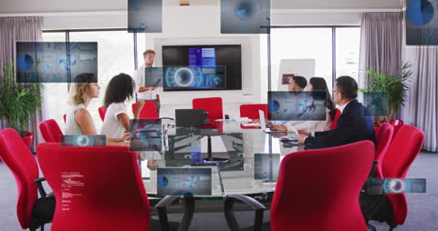 Diverse Team in High-Tech Meeting with Virtual Graphics