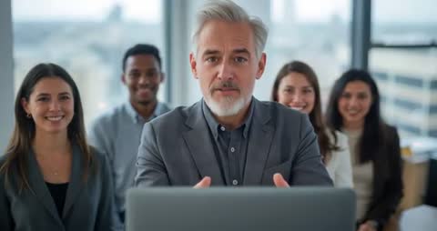 Confident Leader Hosting Business Presentation with Diverse Team