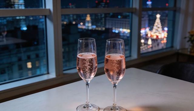 Rosé champagne flutes on urban window table with sparkling bokeh lights and holiday glow