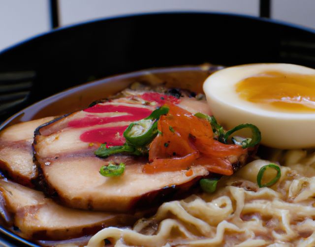Close up of ramen in bowl on white background created using generative ai technology. Food and nutrition concept, digitally generated image.